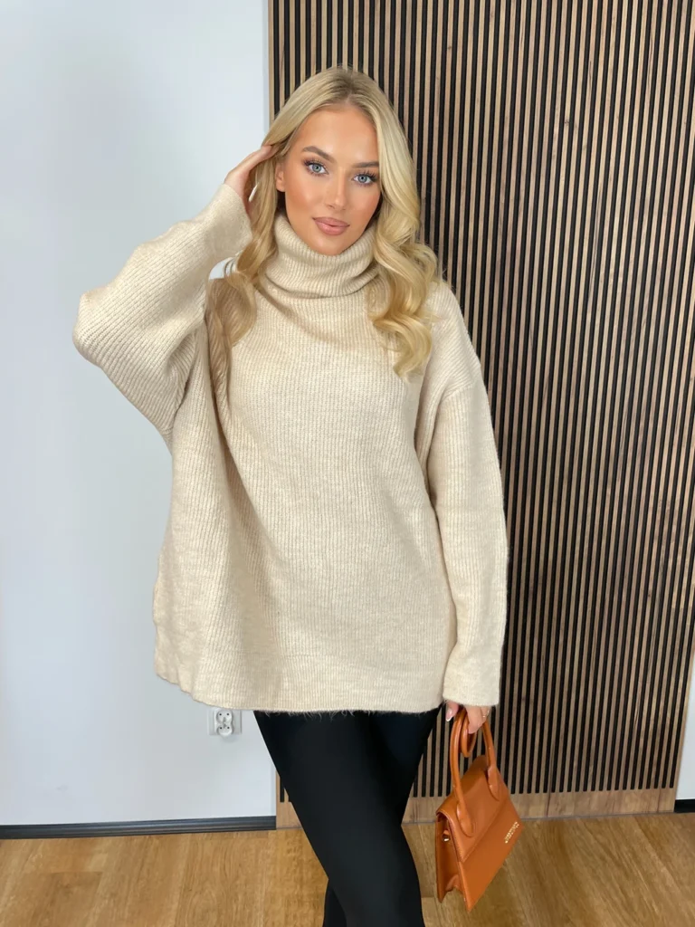 Sweter NEXT DAY długi oversize szeroki z golfem beżowy