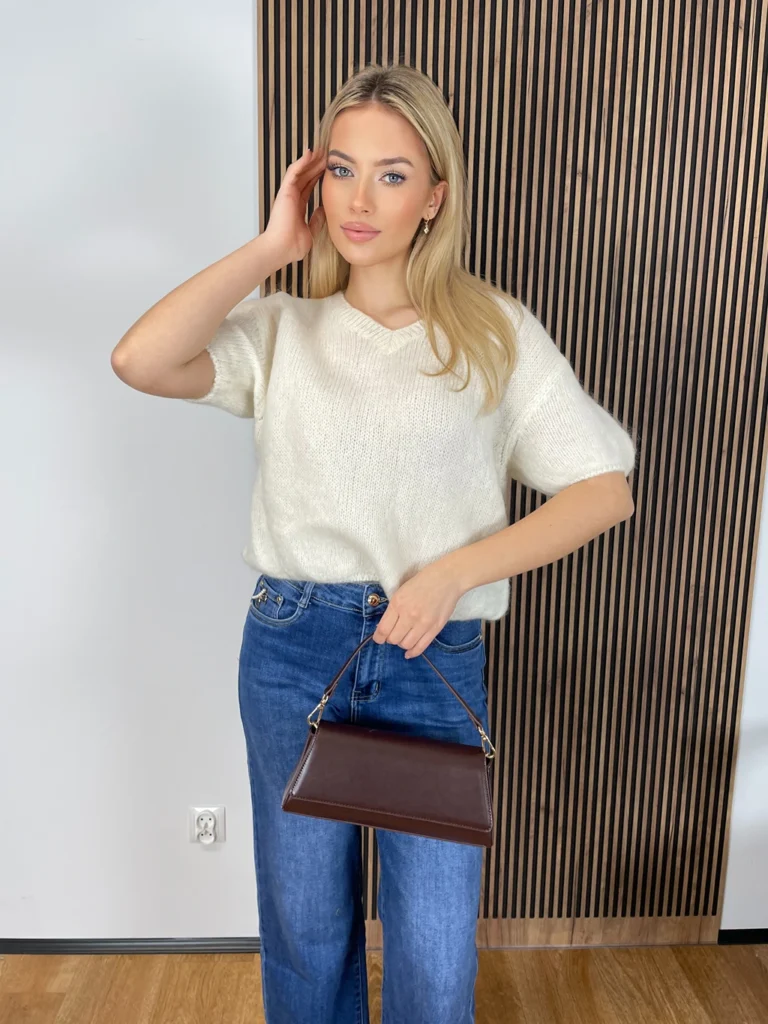 Sweter MELANIE śmietankowy moherowy z wełną, z krótkim rękawem