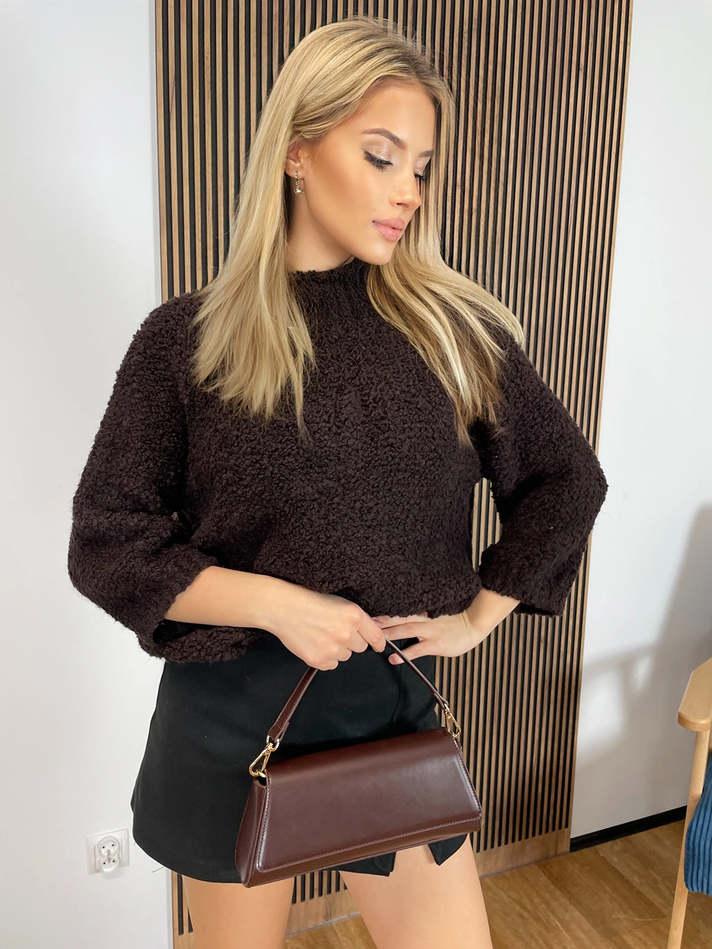 Sweter LONDON baranek z wełną i alpaką, ciepły i gruby czekolada