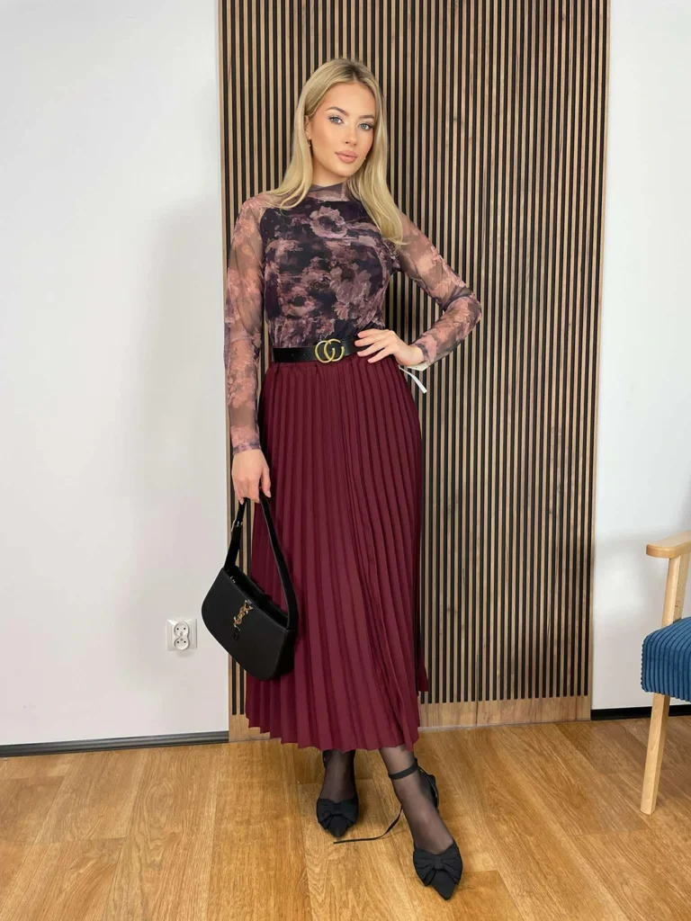 Spódnica AURORA plisowana, midi, bordowa, z paskiem