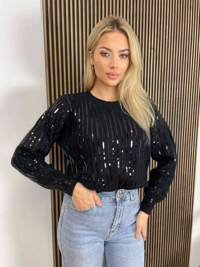 Sweter NATALY z cekinami, długi rękaw z wełną, czarny