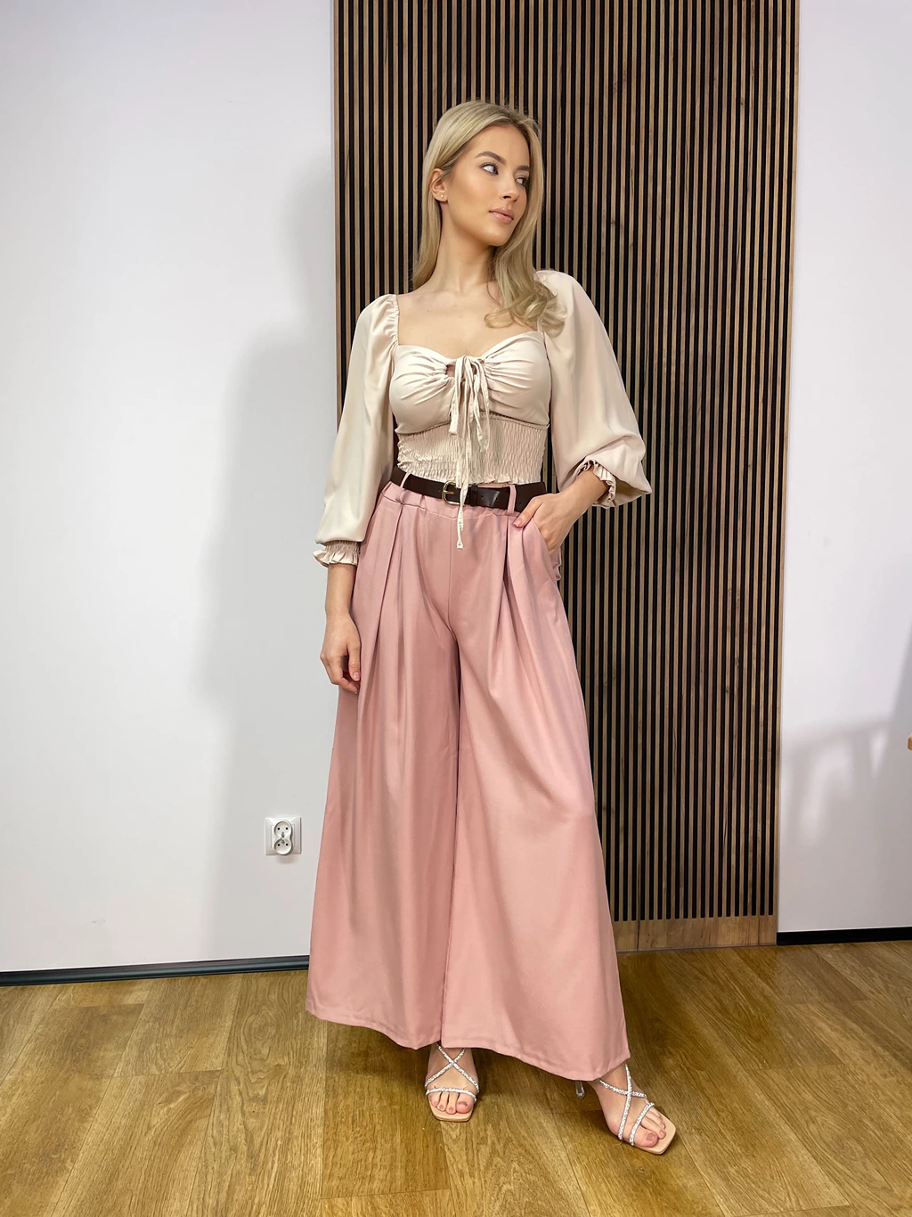 Spodnie LAN szwedy szerokie pudrowy róż