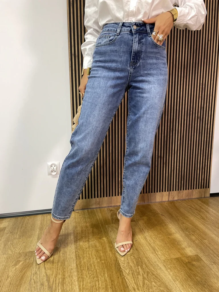 Spodnie damskie MOMFIT TRANG niebieskie gładkie