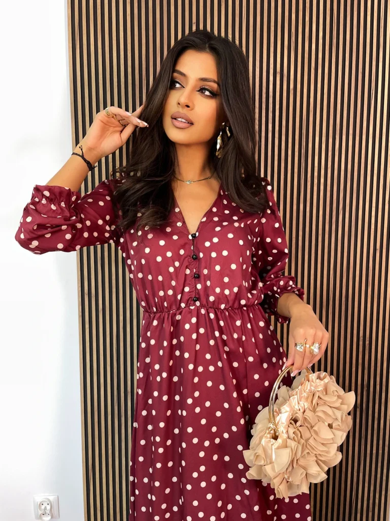 Sukienka SOFIA bordowa z długim rękawem w groszki