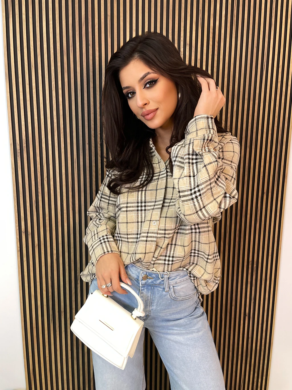 Koszula damska w kratę CARMIN beżowa