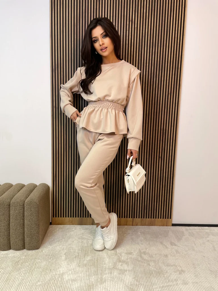 Komplet dresowy damski PRONTO z gumką w talii beżowy