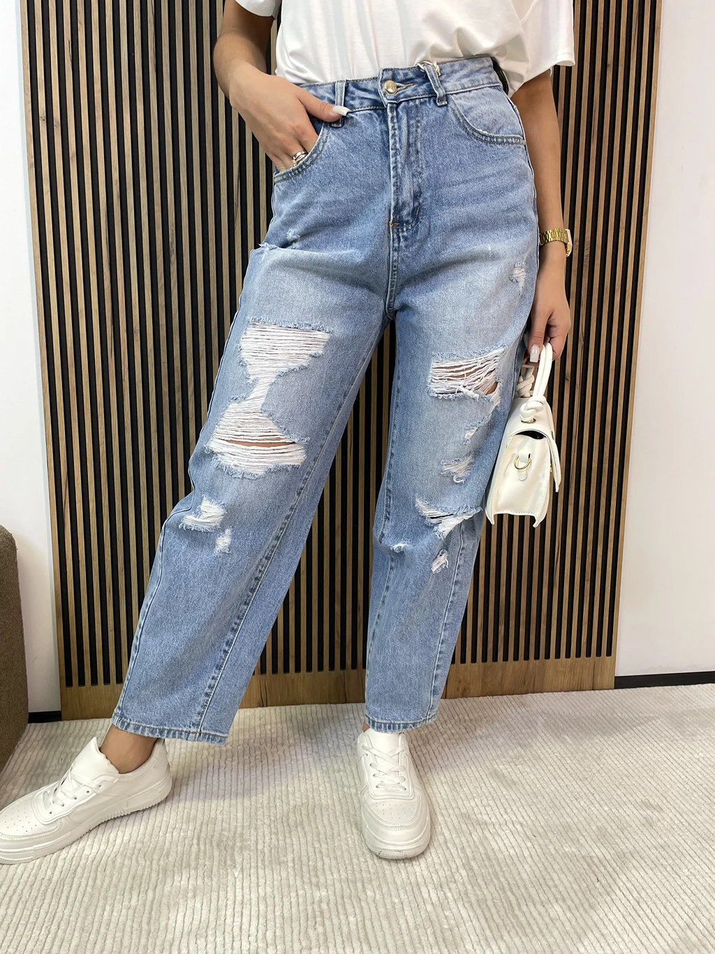 Spodnie damskie BALLON jasny jeasns Msara z dziurami