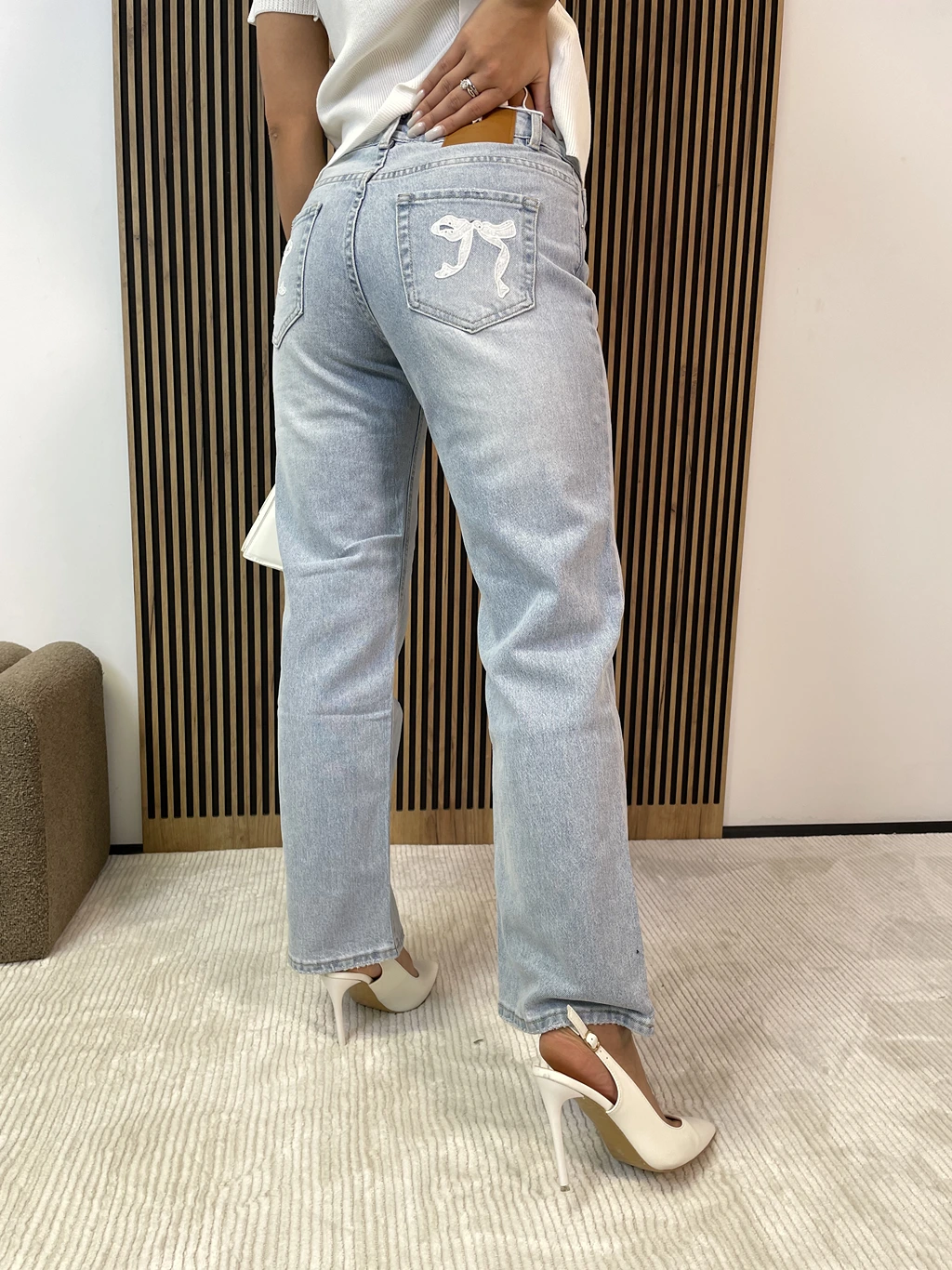 Spodnie damskie SZWEDY jasne z kokardkami MONDAY