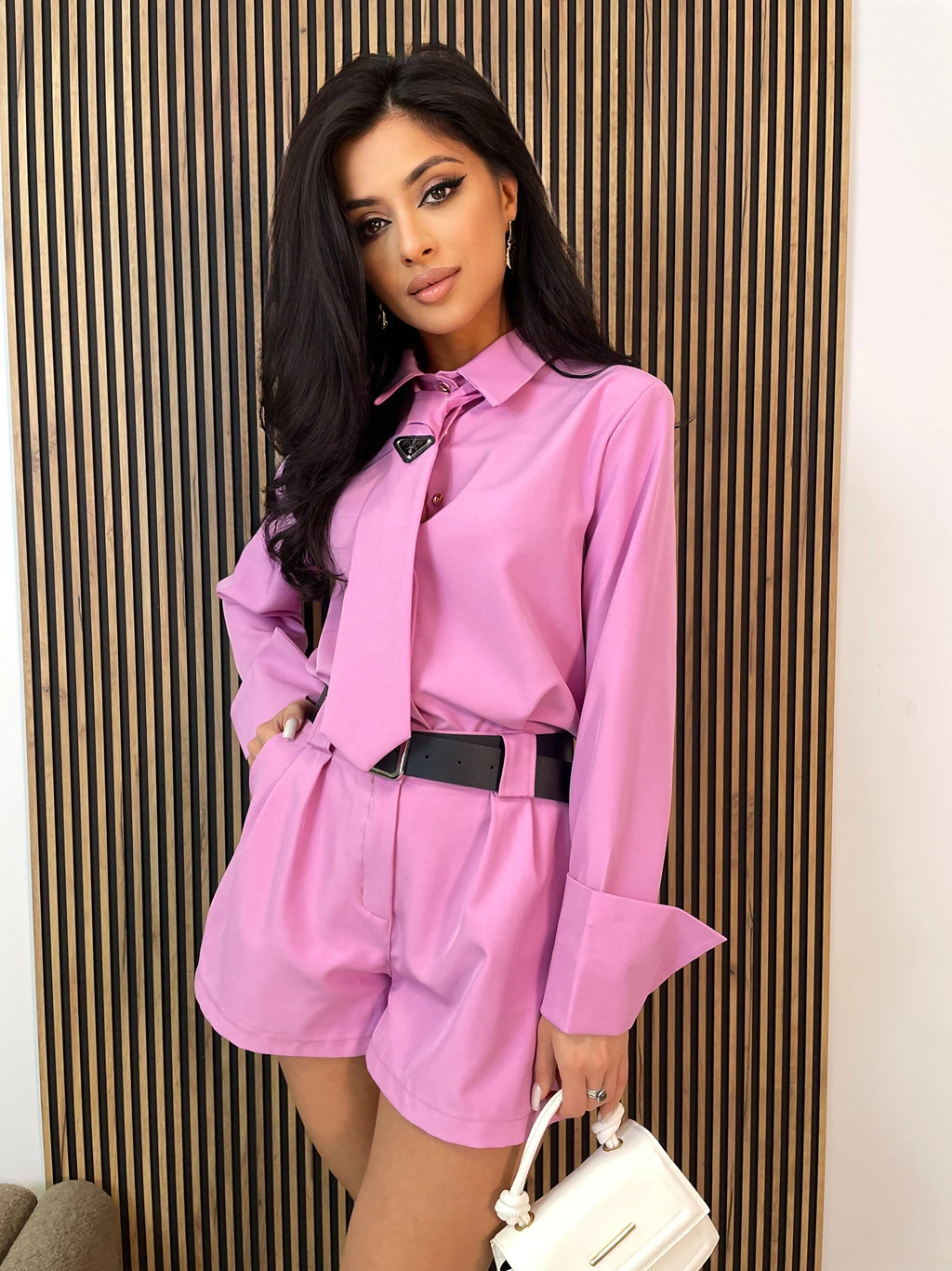 Koszula damska z krawatem ROTA gładka różowa