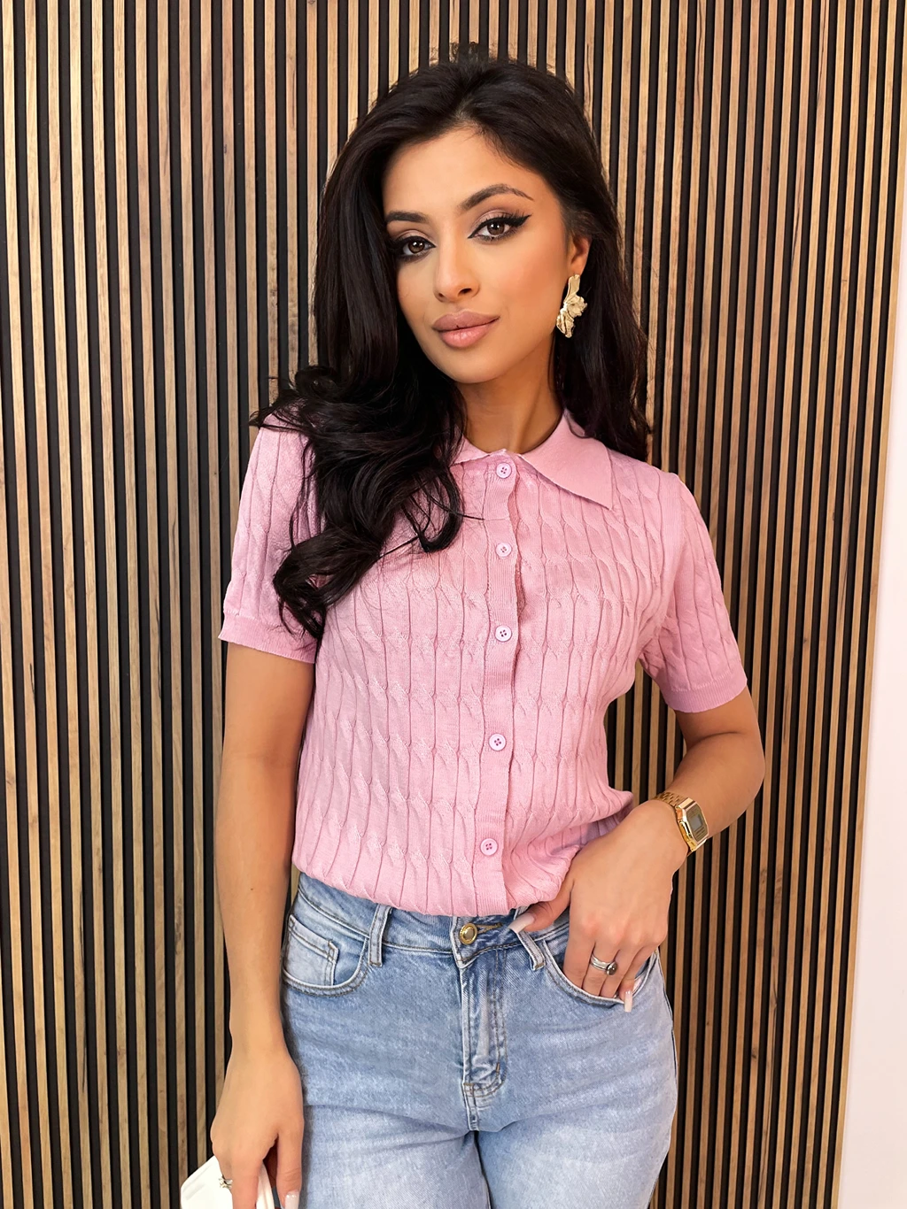 Bluzka damska z kołnierzykiem POLO ROLES różowa