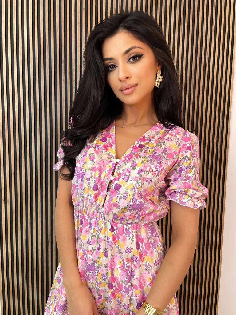 Sukienka midi z krótkim rękawem SOFIA różowo fioletowa