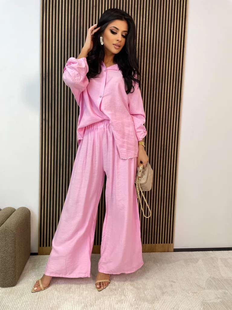 Komplet damski spodnie + koszula z wiskozy LERET różowy