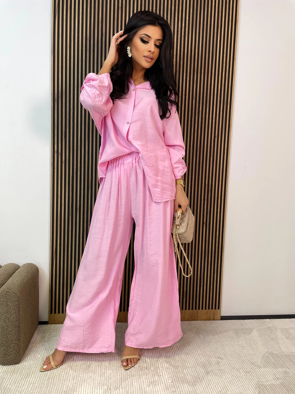 Komplet damski spodnie + koszula z wiskozy LERET różowy