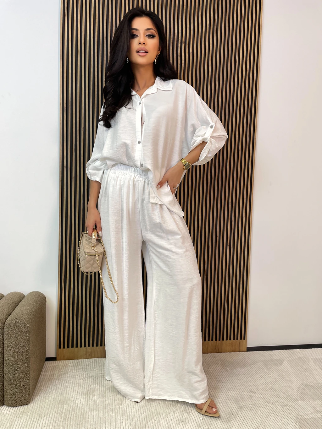 Komplet damski spodnie + koszula z wiskozy LERET biały