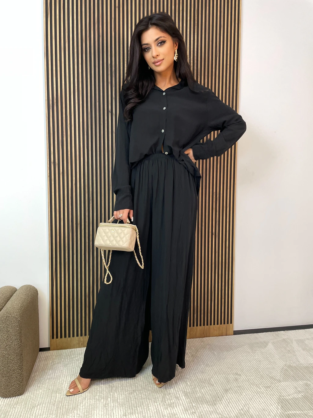 Komplet damski spodnie + koszula z wiskozy SAYO czarny