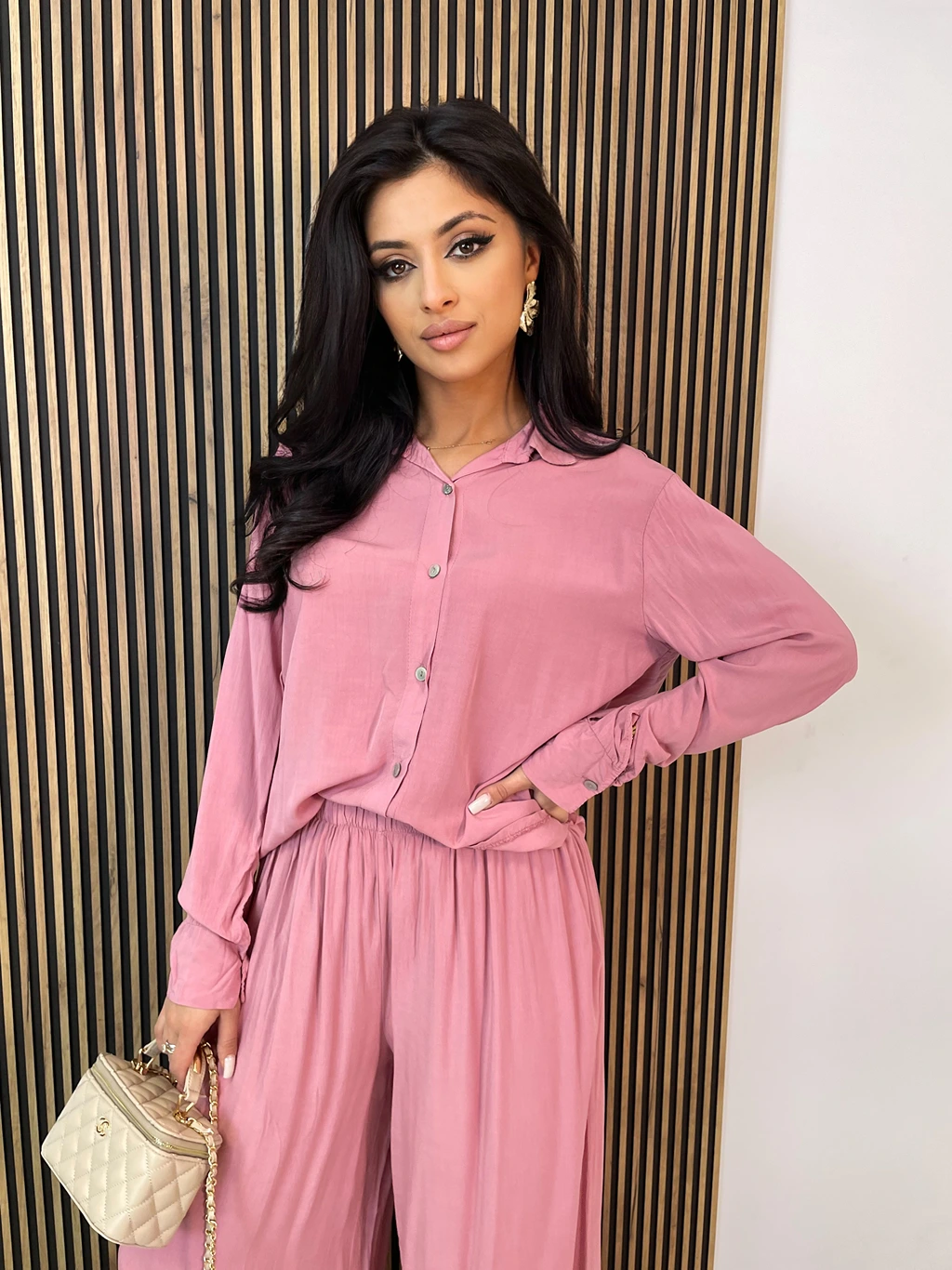 Komplet damski spodnie + koszula z wiskozy SAYO różowy