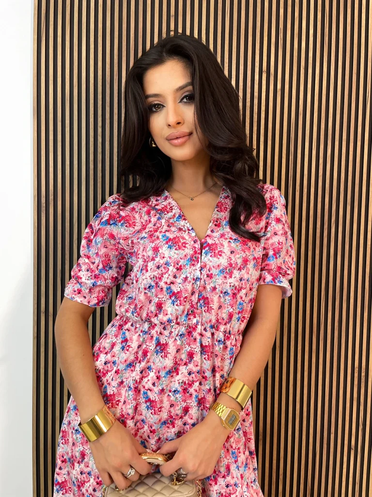 Sukienka midi z krótkim rękawem SOFIA women pudrowy róż