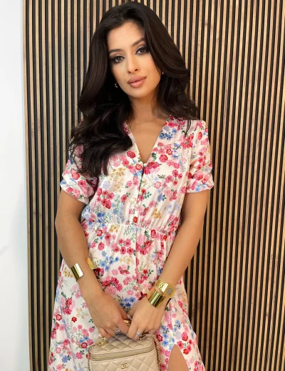 Sukienka midi z krótkim rękawem SOFIA biała w kolorowe kwiaty spring