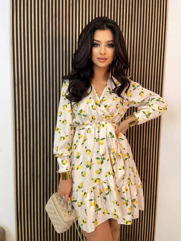 Sukienka mini NESSA beżowa w cytryny
