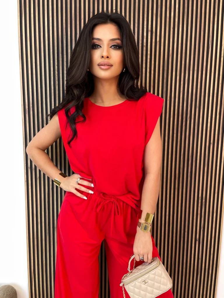 Komplet MINIMAL szerokie spodnie i koszulka z wiskozy czerwony