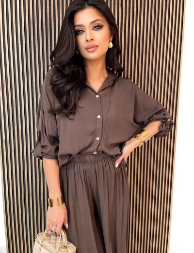 Komplet damski spodnie + koszula z wiskozy RAY czekolada