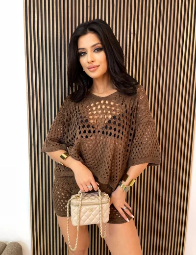 Komplet damski ażurowy LORY bluzka i spodenki czekolada