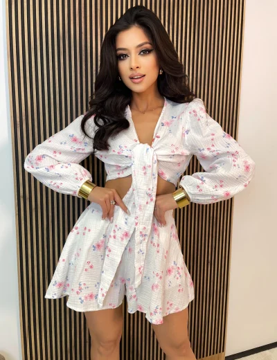 Komplet damski ROXY muślinowy w kwiatki biały