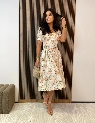 Sukienka midi rozkloszowana MAGDALENE w kwiaty beżowa