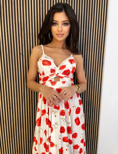 Sukienka LADY SUMMER prążkowana w maki biała